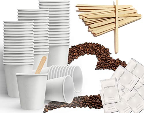 KIT ECOLOGICO da 100 BICCHIERI DI CARTA + 100 BUSTINE ZUCCHERO + 100 PALETTE  IN LEGNO per caffe' - Cialde ESE44