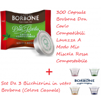 300 Capsule Borbone Don Carlo Compatibili Lavazza A Modo Mio Miscela Rossa Compostabile + Set Da 3 Bicchierini In Vetro Borbone (Colore Casuale)